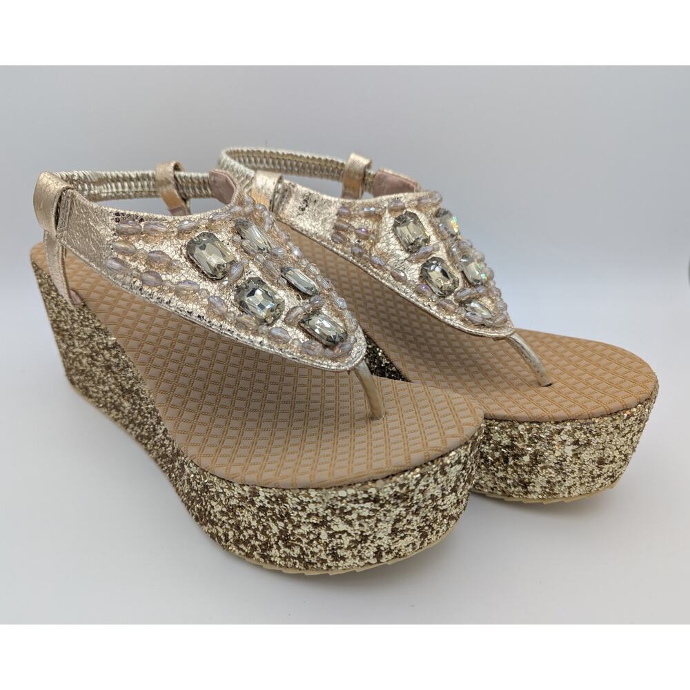 💜 NWT Gold Rhinestone Wedge Sandals – EU 42 (US 11) – Original Box